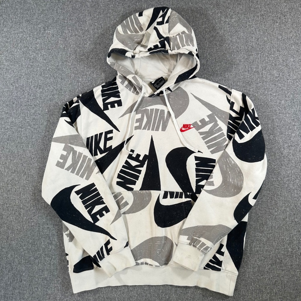 Nike Hoodie Mens L White Black Grey Swoosh All Over Print Pullover Sweatshirt